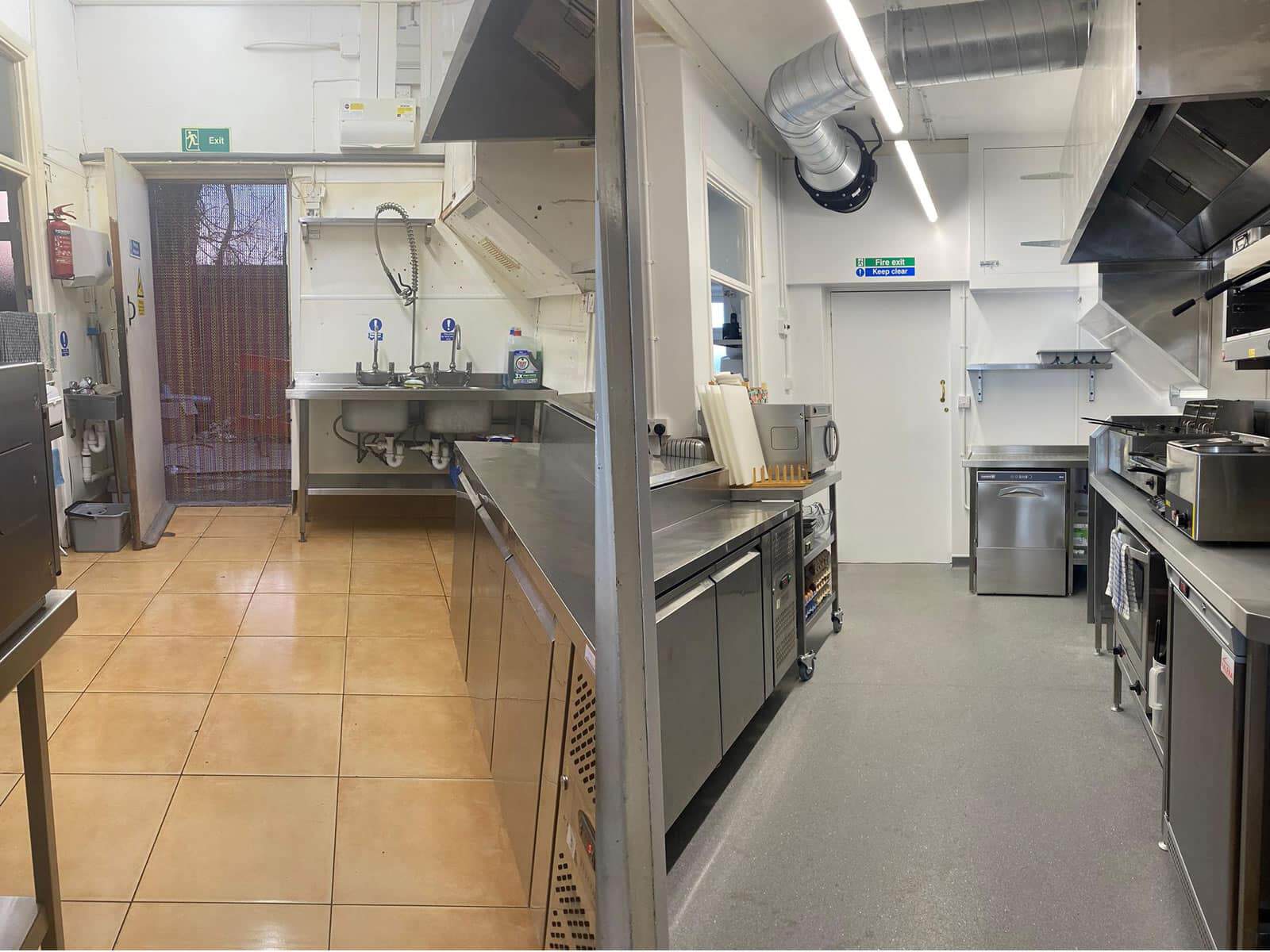 Before and after kitchen refurbishment at Bakery 64, New Romney
