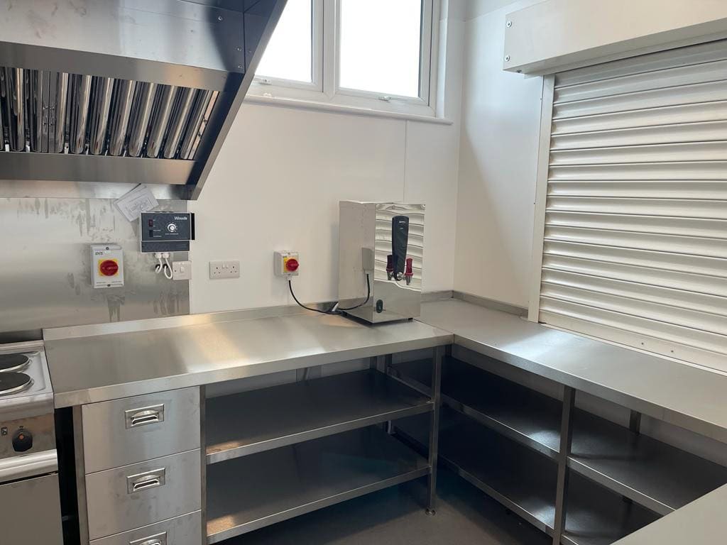 Prep corner and serving hatch in the completed Frittenden Memorial Hall kitchen
