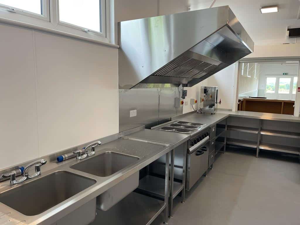 Stainless steel sink run and cooking line at Frittenden Memorial Hall