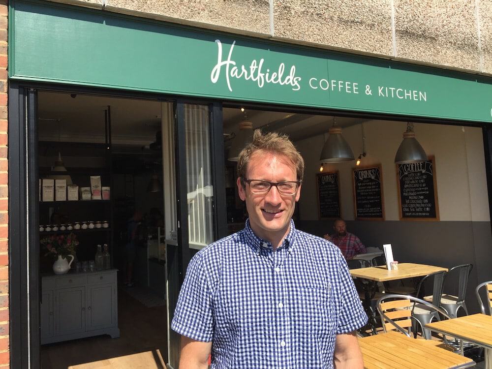 Hartfields Coffee and Kitchen exterior with proprietor James, Uckfield