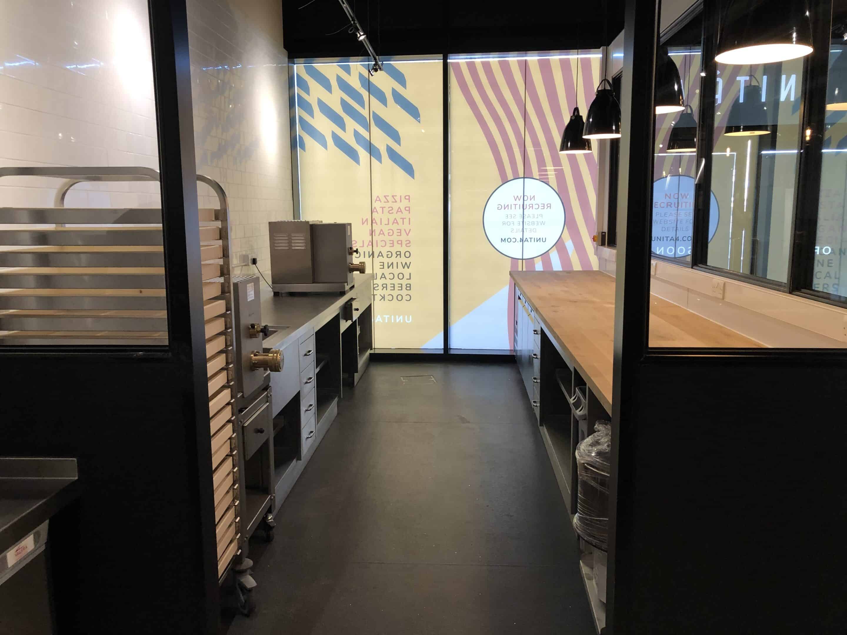 Prep kitchen pasta station at Unita Quattro, Ashford